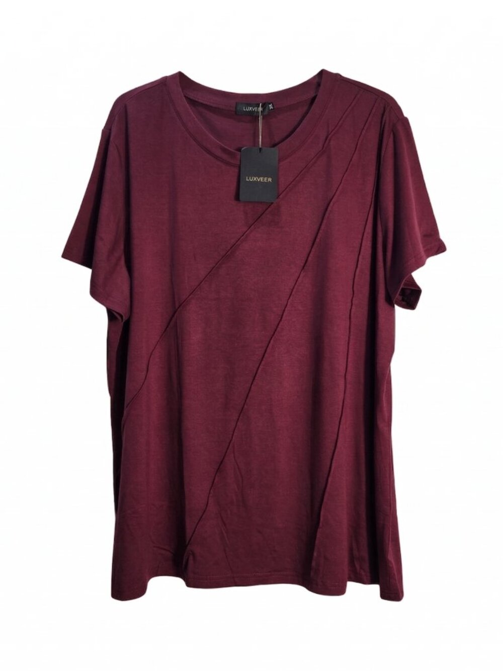 NWT | LUXVEER Burgundy Asymmetrical Pintuck Pleat Top Short Sleeve | 3XL